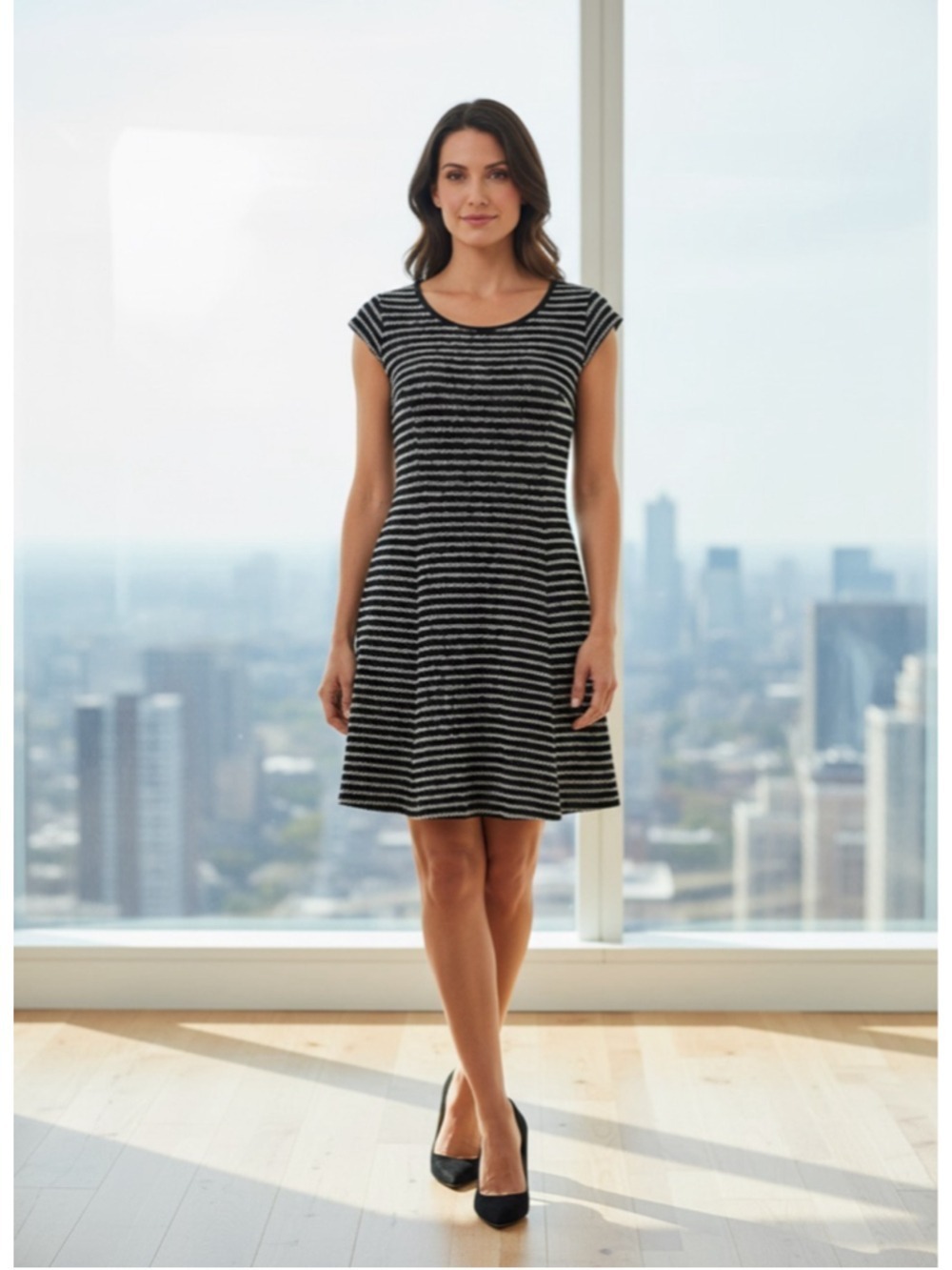 LOFT cotton textured knit dress black & white stripes fit & flare Sz XS Office